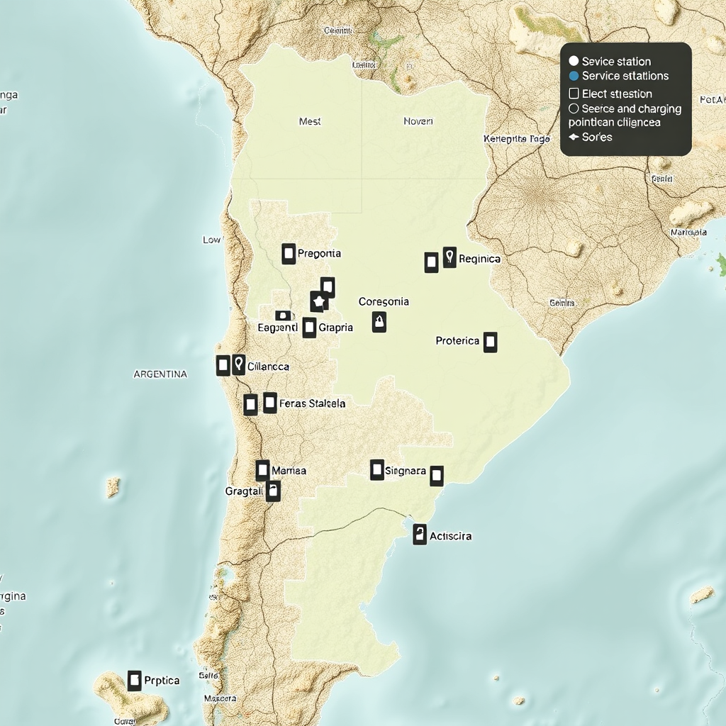 Mapa interactivo de Argentina mostrando la distribución de estaciones de servicio y puntos de carga eléctrica en diferentes provincias