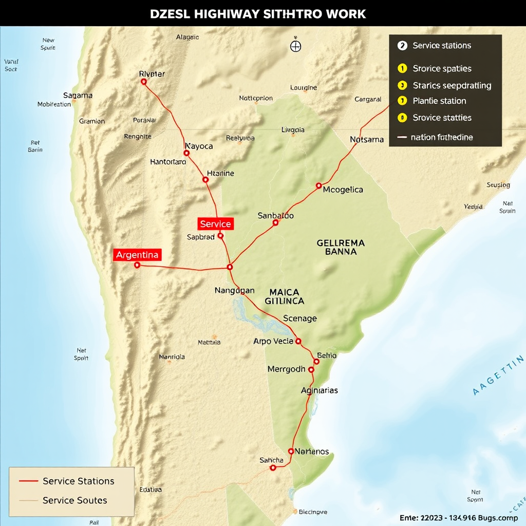 Mapa detallado de la red de autopistas de Argentina mostrando ubicaciones estratégicas de estaciones de servicio a lo largo de las principales rutas nacionales