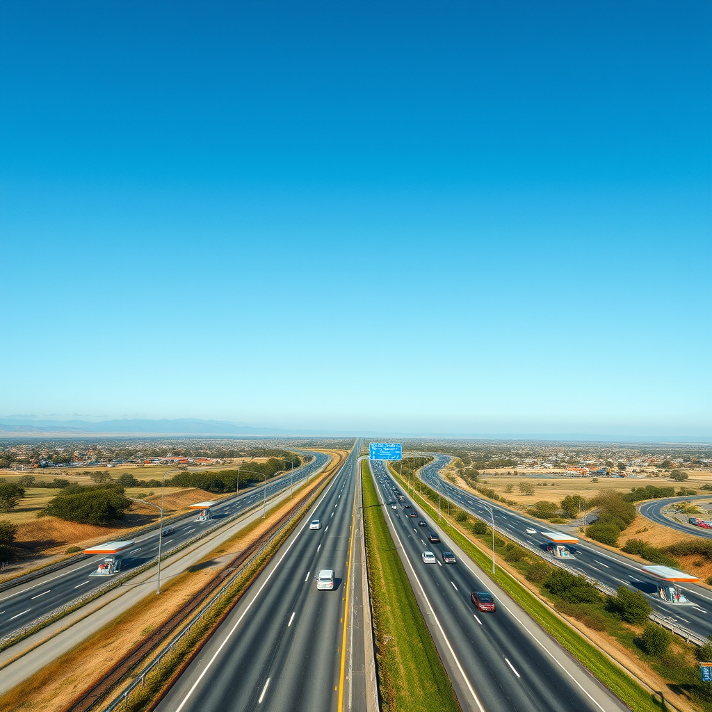 Vista panorámica de una autopista argentina con múltiples estaciones de servicio distribuidas a lo largo del recorrido, mostrando la infraestructura vial del país