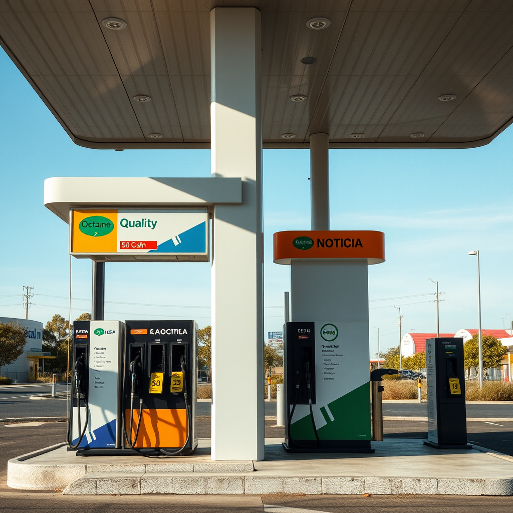 Estación de servicio moderna en Argentina mostrando surtidores de combustible con diferentes octanajes y señalización clara de calidad