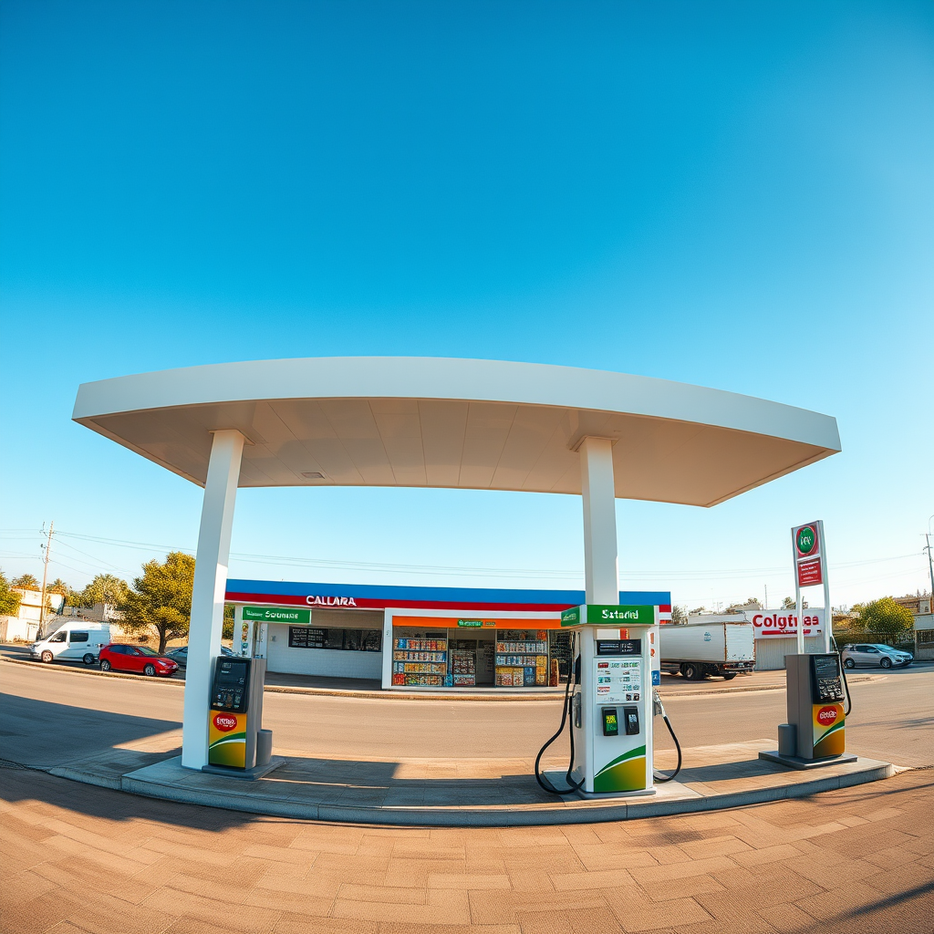 Vista panorámica de una moderna estación de servicio en Córdoba con múltiples surtidores, tienda de conveniencia y señalización clara de precios