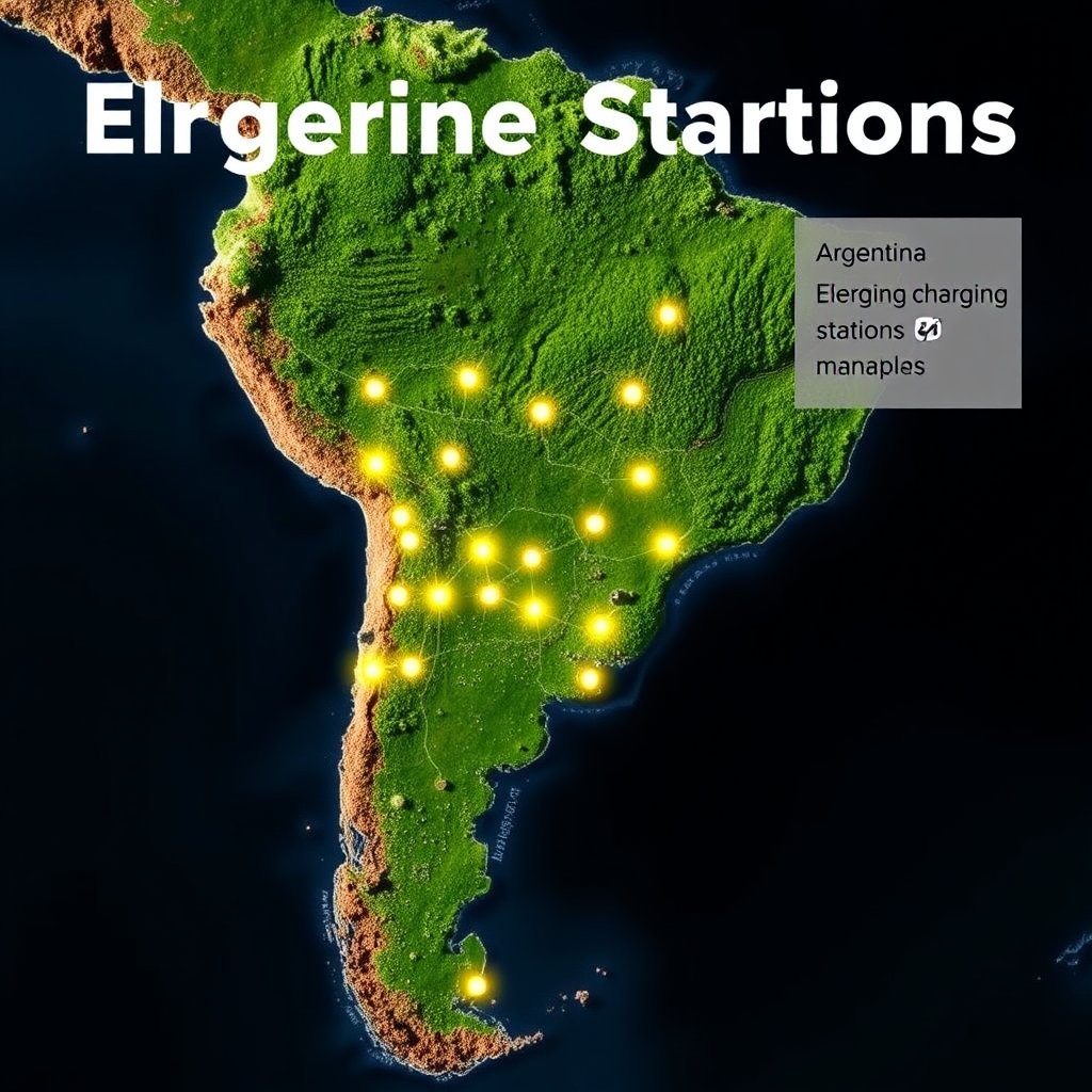 Mapa de Argentina mostrando la red de estaciones de carga para vehículos eléctricos distribuidas por todo el país, con puntos luminosos indicando las ubicaciones de las estaciones de carga