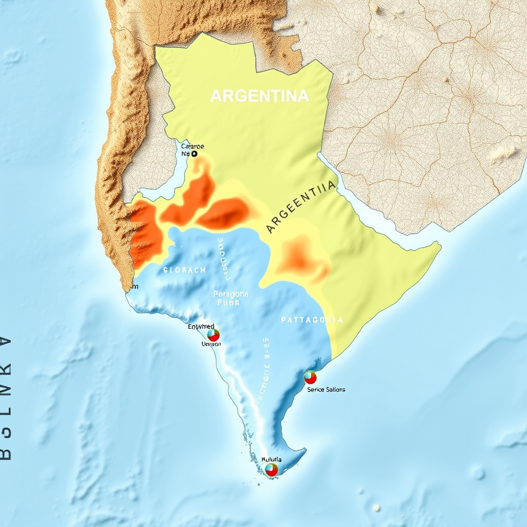 Mapa de Argentina mostrando las diferentes zonas climáticas desde el noreste húmedo hasta la fría Patagonia, con iconos de temperatura y estaciones de servicio distribuidas por el territorio