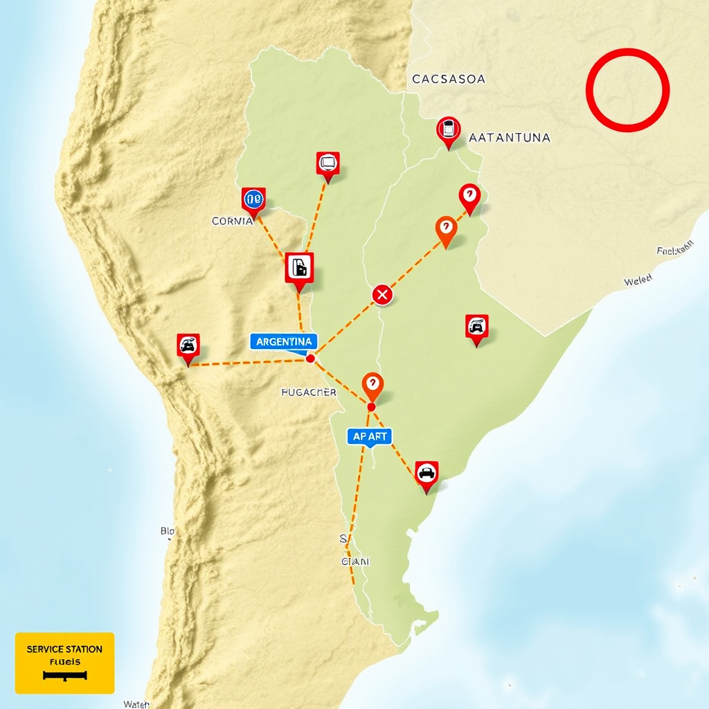 Mapa de Argentina mostrando la red de autopistas con marcadores de estaciones de servicio distribuidas estratégicamente a lo largo de las rutas principales, con iconos de combustible y señales de tráfico