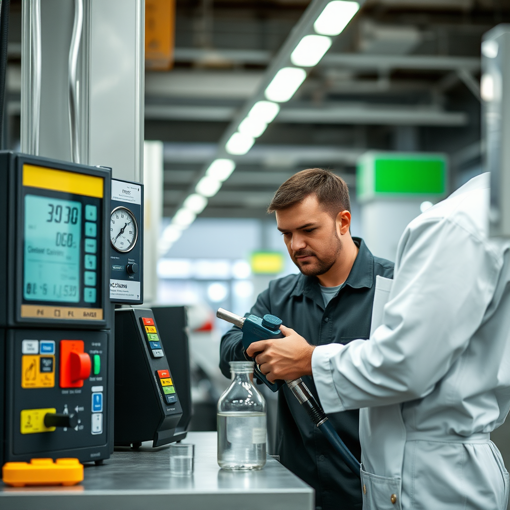 Técnico profesional realizando pruebas de calidad de combustible en una estación de servicio moderna con equipos de medición de octanaje y análisis químico