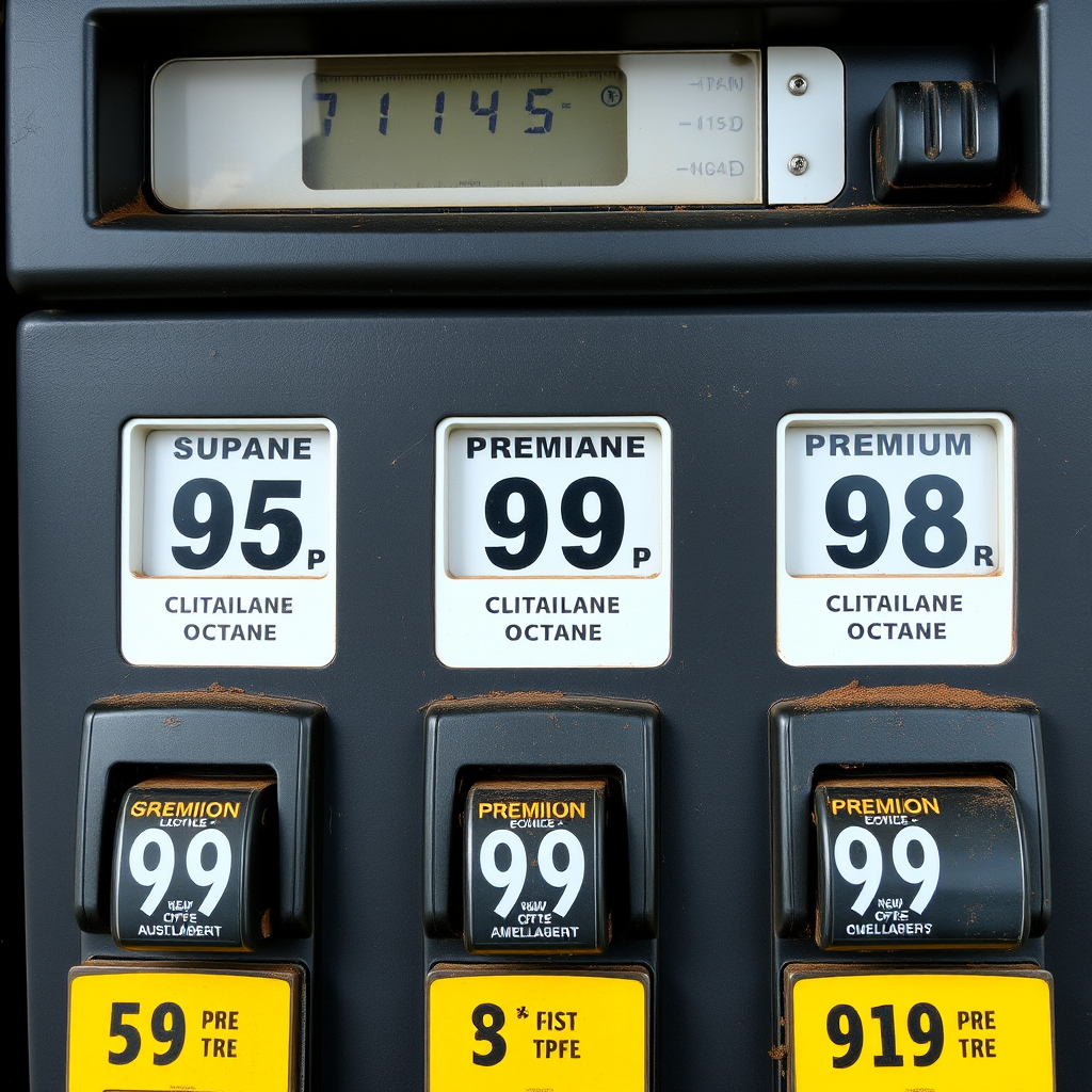 Surtidor de combustible mostrando las opciones de octanaje disponibles: Súper 95, Premium 98 y otras variantes con sus respectivos precios