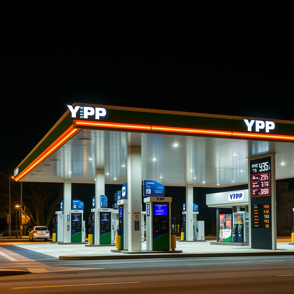 Estación YPF moderna ubicada en una avenida principal de Córdoba con iluminación nocturna, múltiples surtidores y señalización digital de precios