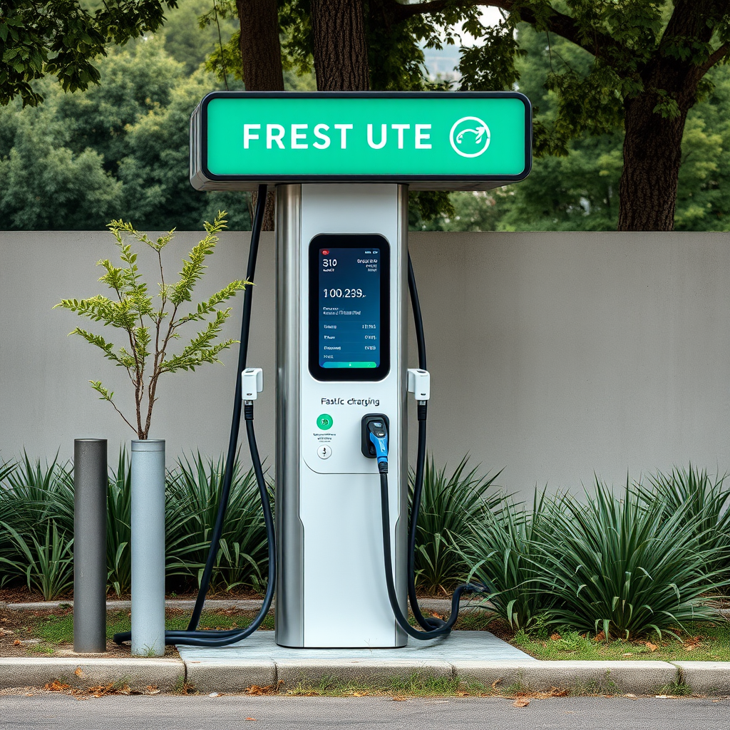 Estación de carga rápida para vehículos eléctricos ubicada en Buenos Aires, con múltiples conectores y pantalla digital mostrando información de carga