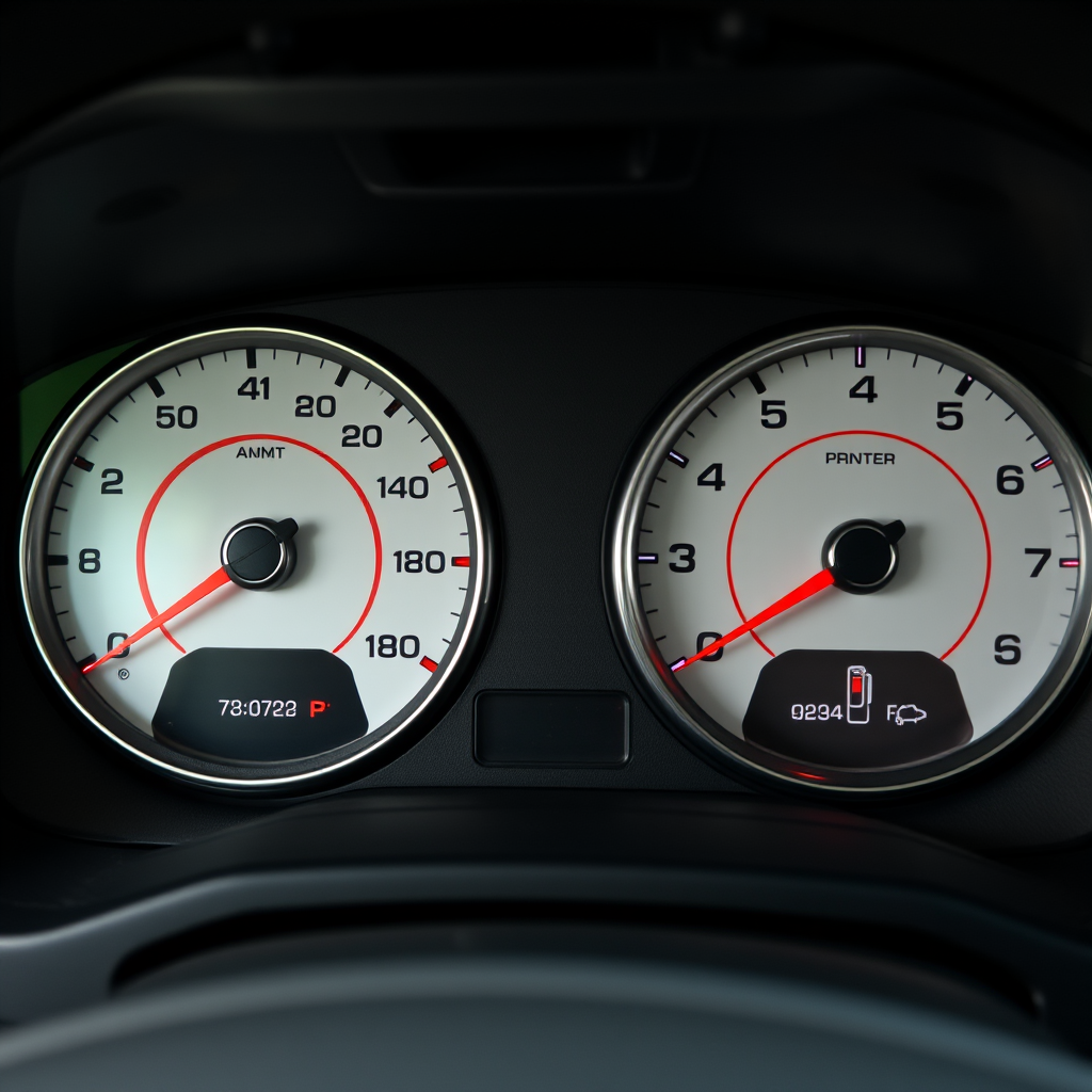Dashboard de vehículo mostrando termómetro y medidor de combustible con indicadores de temperatura ambiente y consumo, representando el monitoreo de condiciones climáticas
