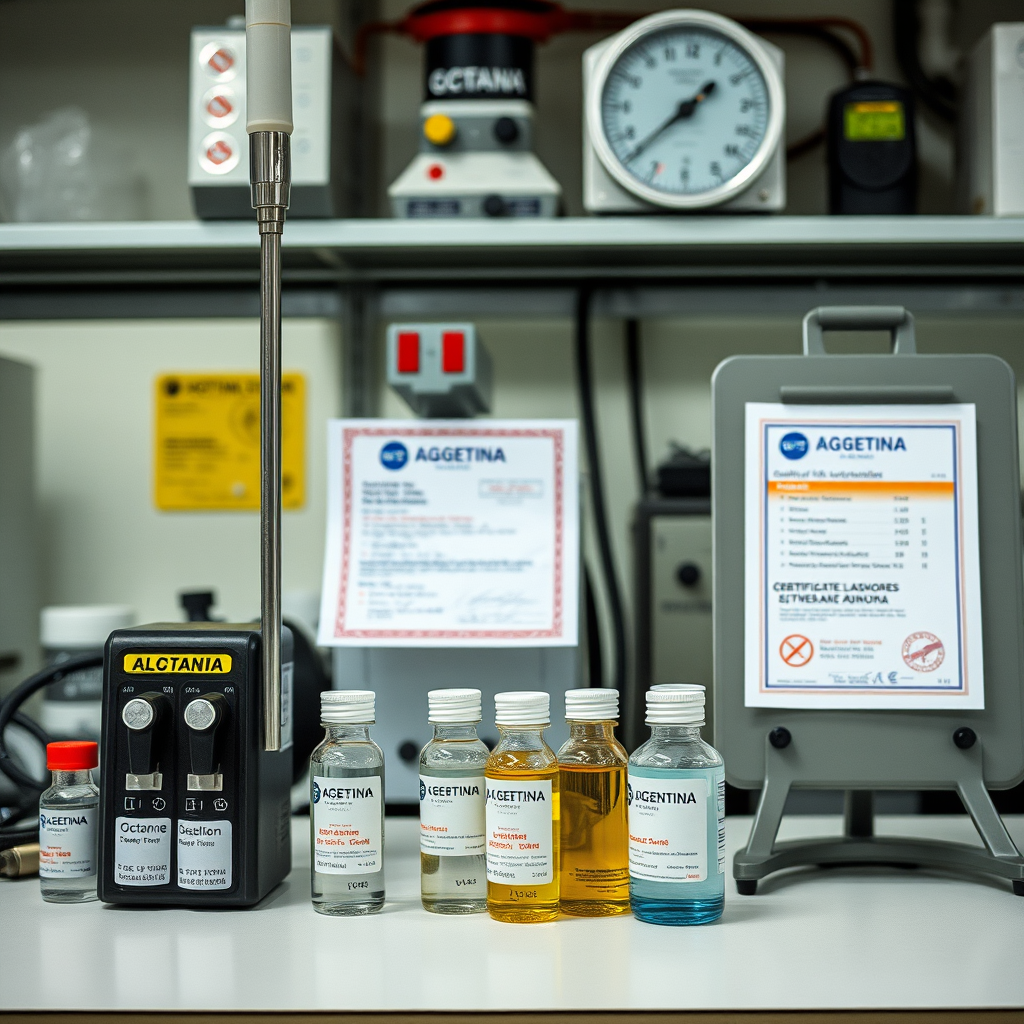 Laboratorio de análisis de combustible con equipos de medición de octanaje, muestras de diferentes tipos de nafta y diésel, y certificados de calidad de estaciones de servicio argentinas