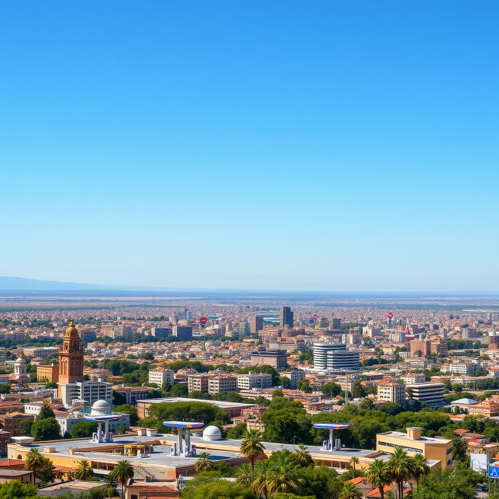 Vista panorámica de la ciudad de Córdoba con múltiples estaciones de servicio modernas distribuidas por la zona urbana, mostrando la infraestructura de combustible local