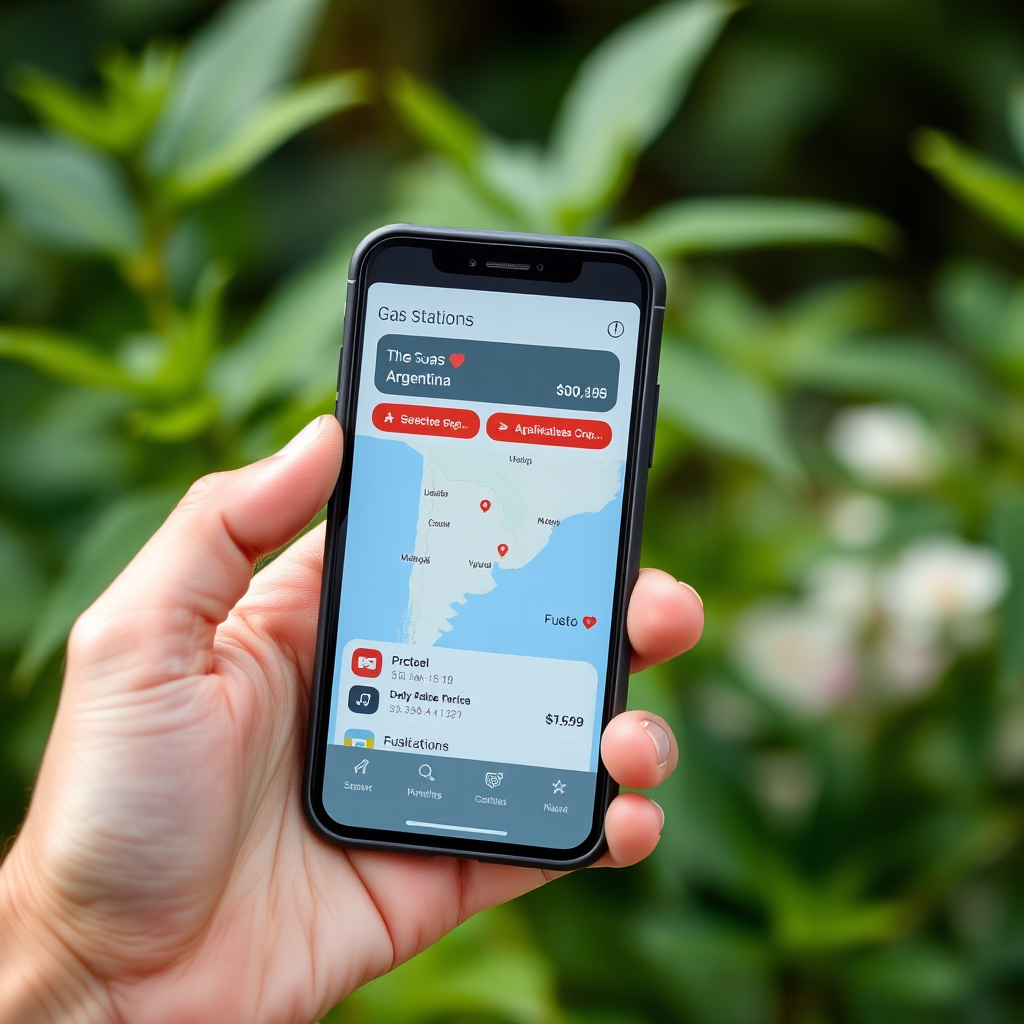 Smartphone mostrando una aplicación móvil con mapa de estaciones de servicio en Argentina, incluyendo precios y disponibilidad de combustible
