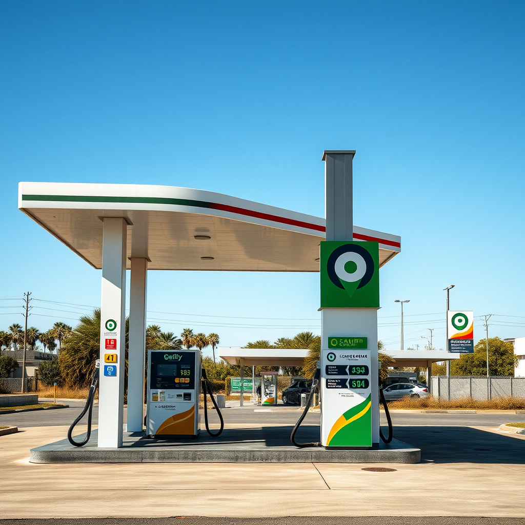 Estación de servicio premium en Argentina con certificaciones de calidad visibles, equipos modernos y señalización clara de estándares de combustible