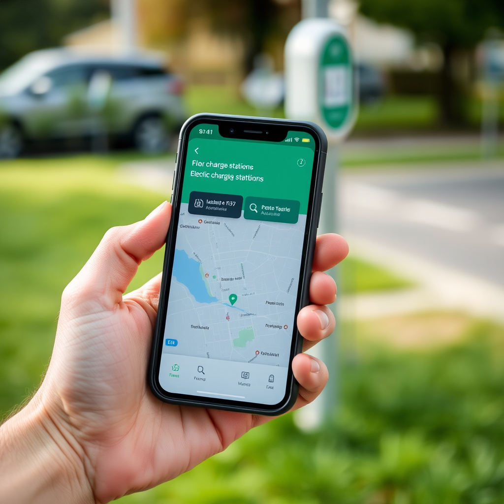 Smartphone mostrando una aplicación móvil para localizar y pagar en estaciones de carga de vehículos eléctricos en Argentina