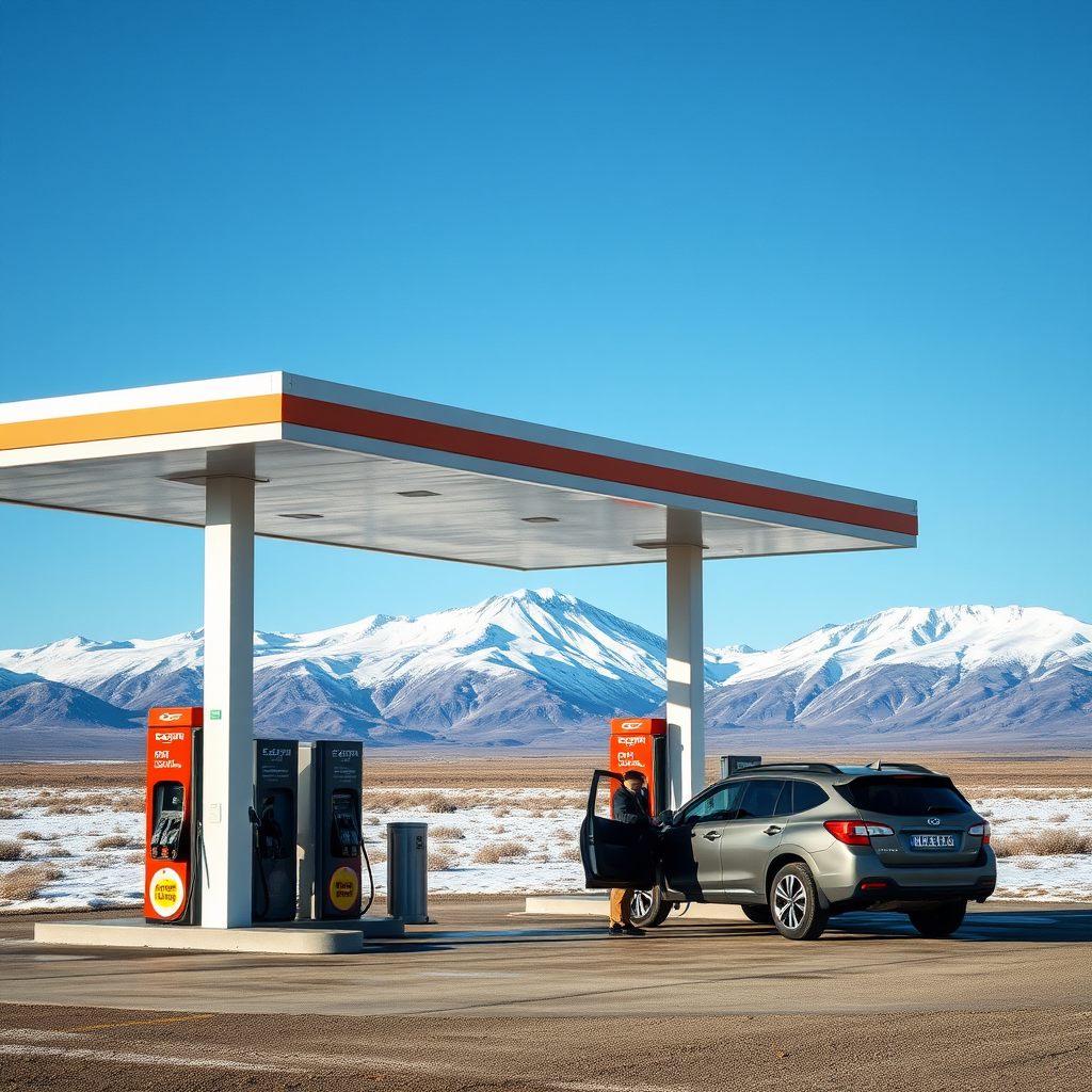 Estación de servicio moderna en un paisaje patagónico con montañas nevadas al fondo, mostrando surtidores de combustible y un vehículo siendo abastecido en condiciones de frío extremo