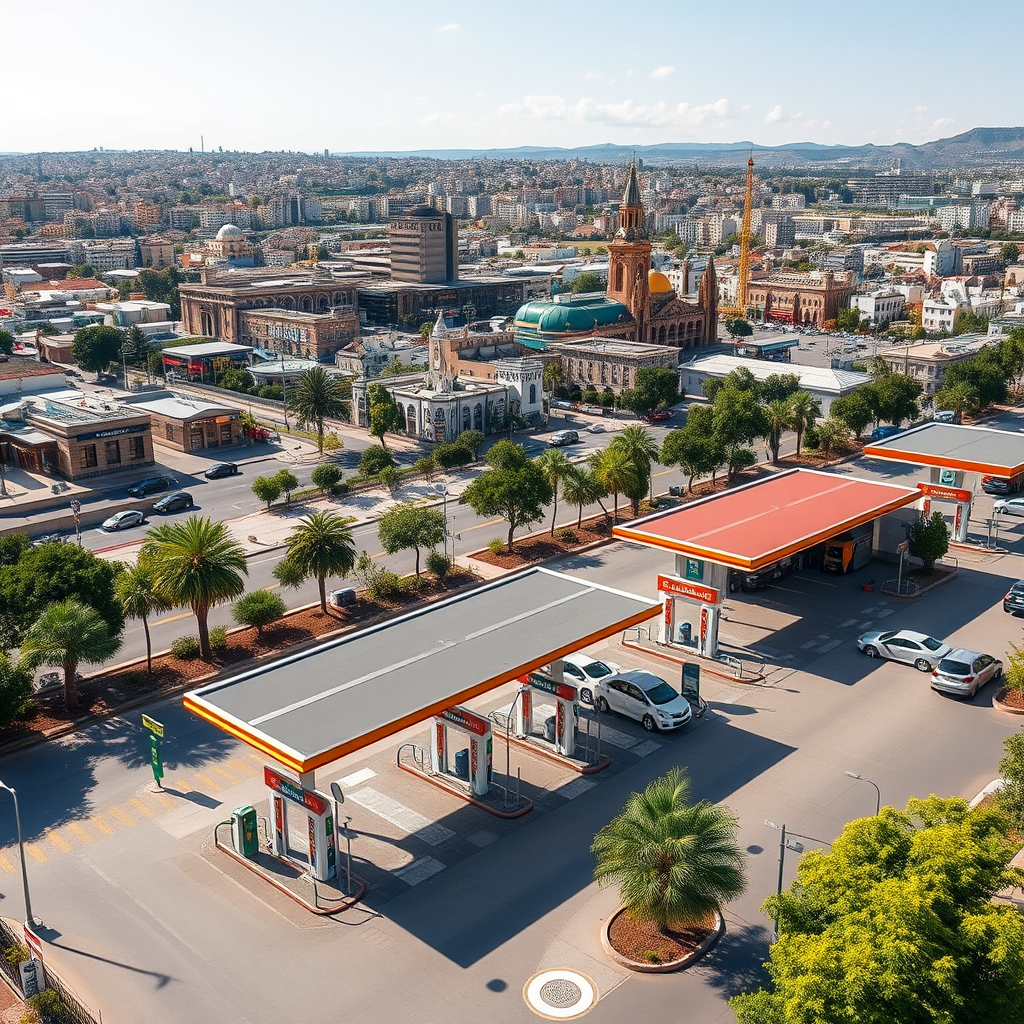 Vista panorámica de la ciudad de Córdoba con múltiples estaciones de servicio modernas, incluyendo estaciones de carga para vehículos eléctricos, tiendas de conveniencia y servicios de lavado de autos