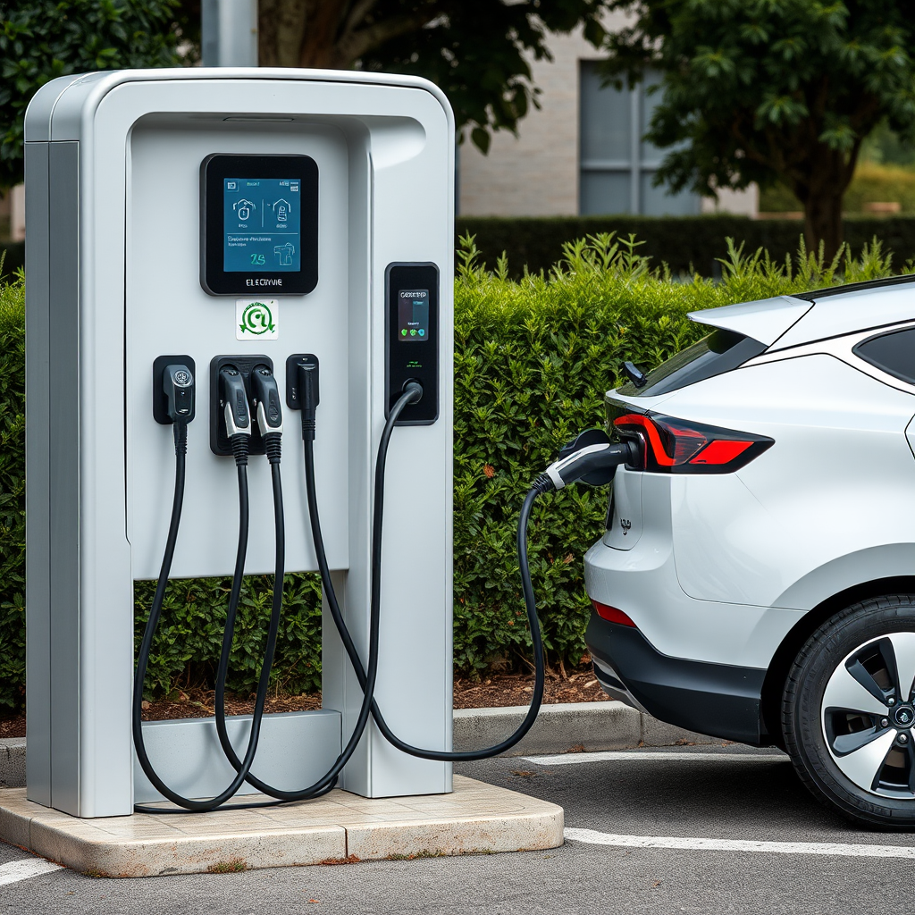 Estación de carga para vehículos eléctricos moderna con múltiples conectores, pantalla digital y un auto eléctrico conectado en proceso de carga en Argentina
