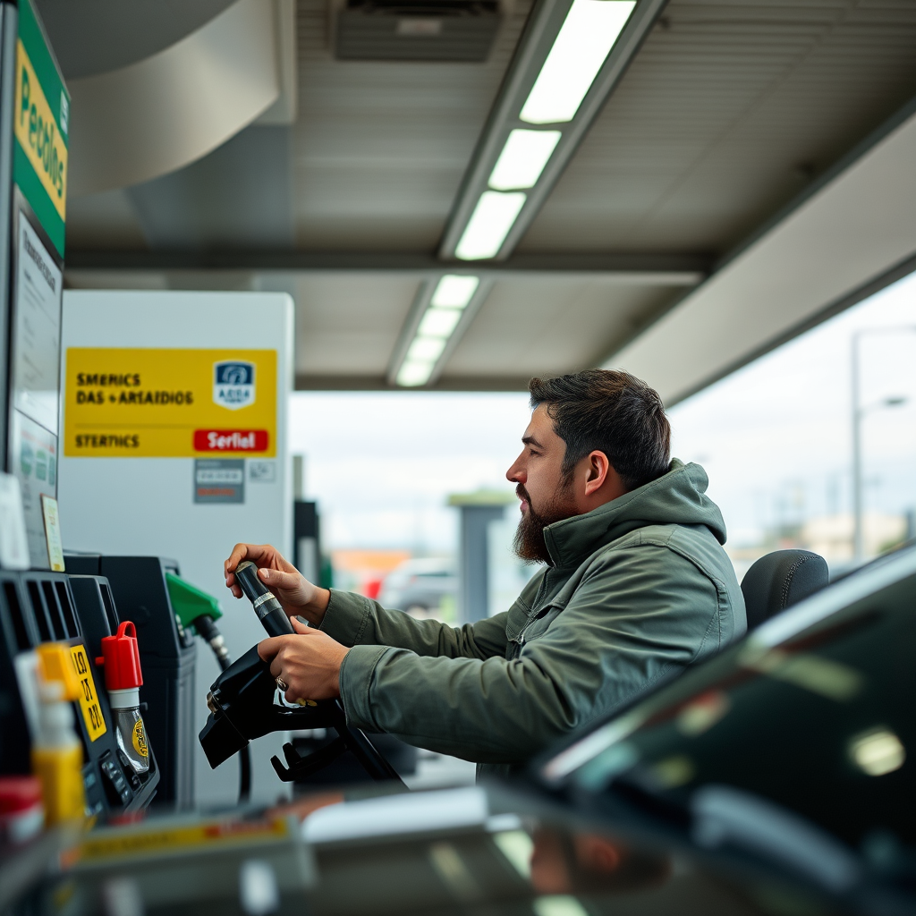 Conductor argentino verificando la calidad y certificaciones en una estación de servicio moderna, mostrando buenas prácticas de selección de combustible