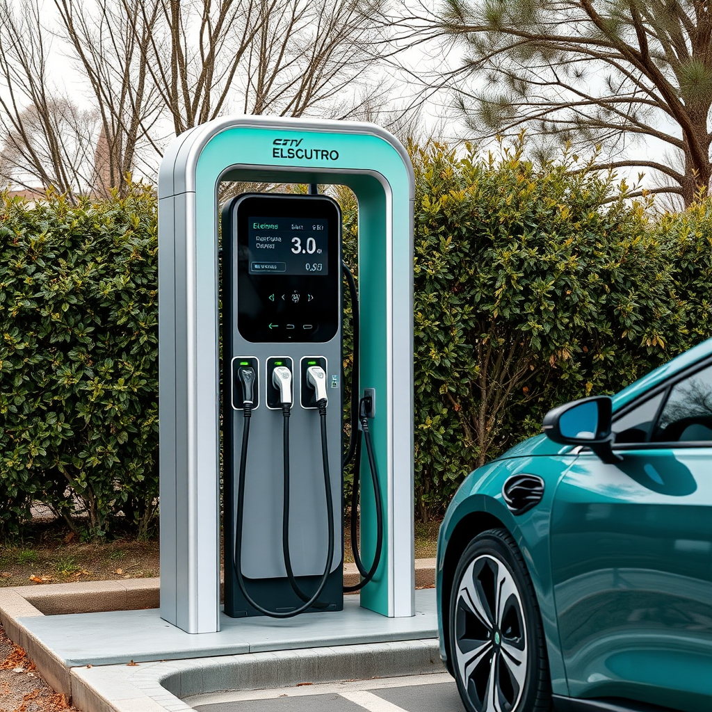 Moderna estación de carga para vehículos eléctricos en Córdoba con múltiples conectores, pantalla digital y auto eléctrico conectado