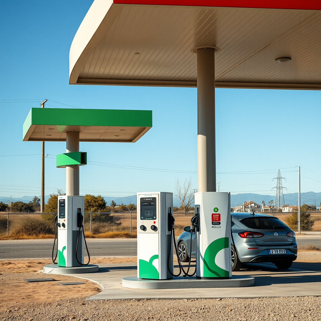 Estación de servicio tradicional en Argentina que ha incorporado puntos de carga para vehículos eléctricos junto a los surtidores de combustible convencional