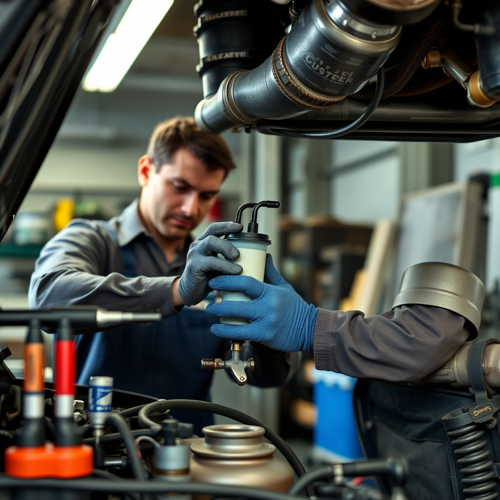 Mecánico profesional revisando y cambiando el filtro de combustible de un vehículo en un taller, mostrando herramientas especializadas y componentes del sistema de combustible